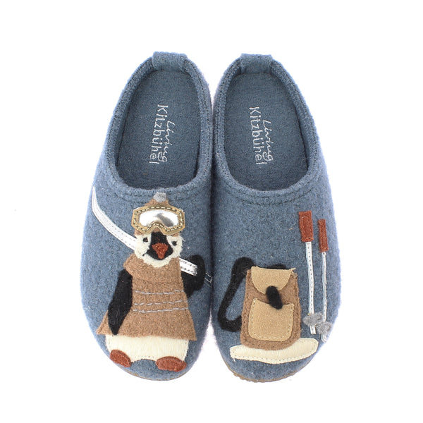 Penguin applique wool slipper in blue