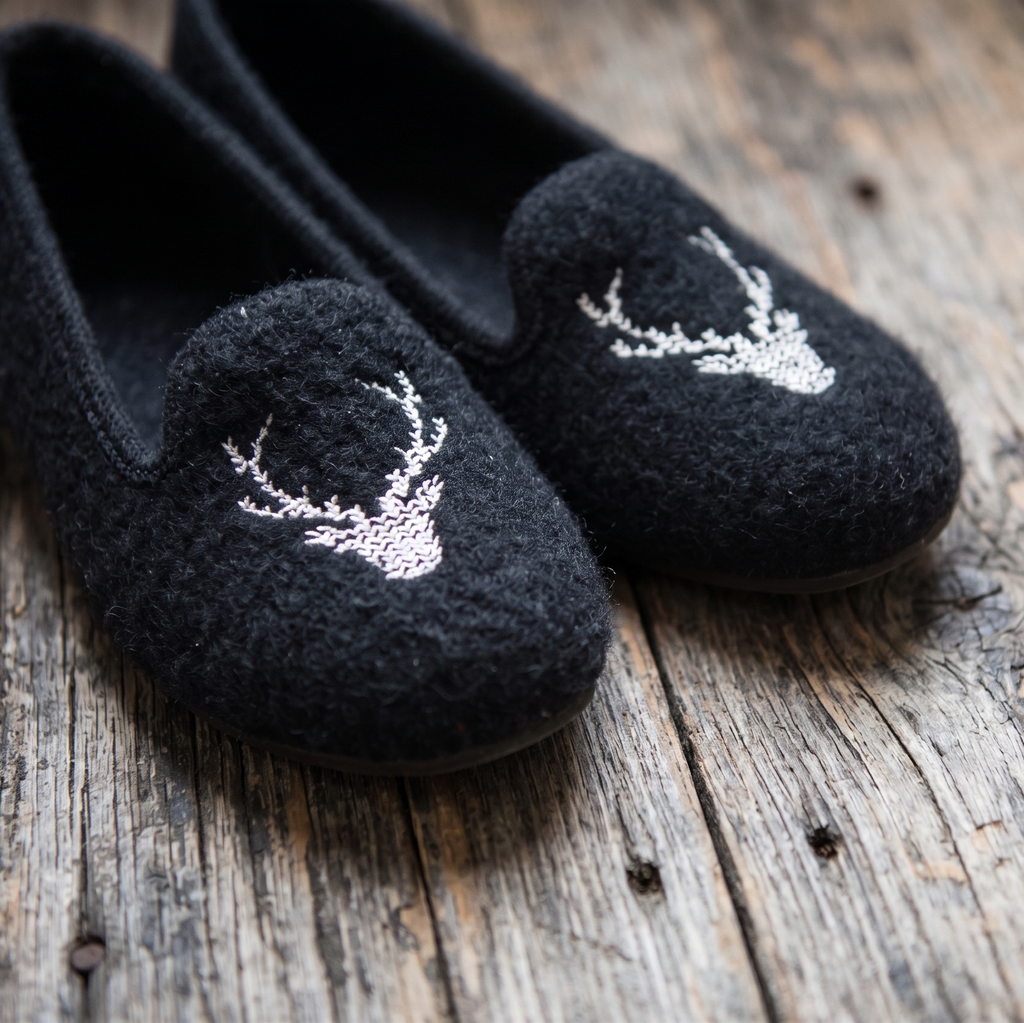 A pair of black felt slip-on slippers with white embroidered deer head motifs, displayed on a rustic weathered wood surface.